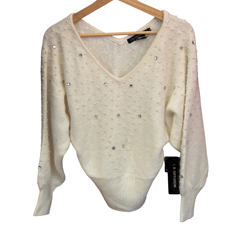 Vintage IB Diffusion Silk Angora Pearl Rhinestone Sweater Coquette Glam Luxe